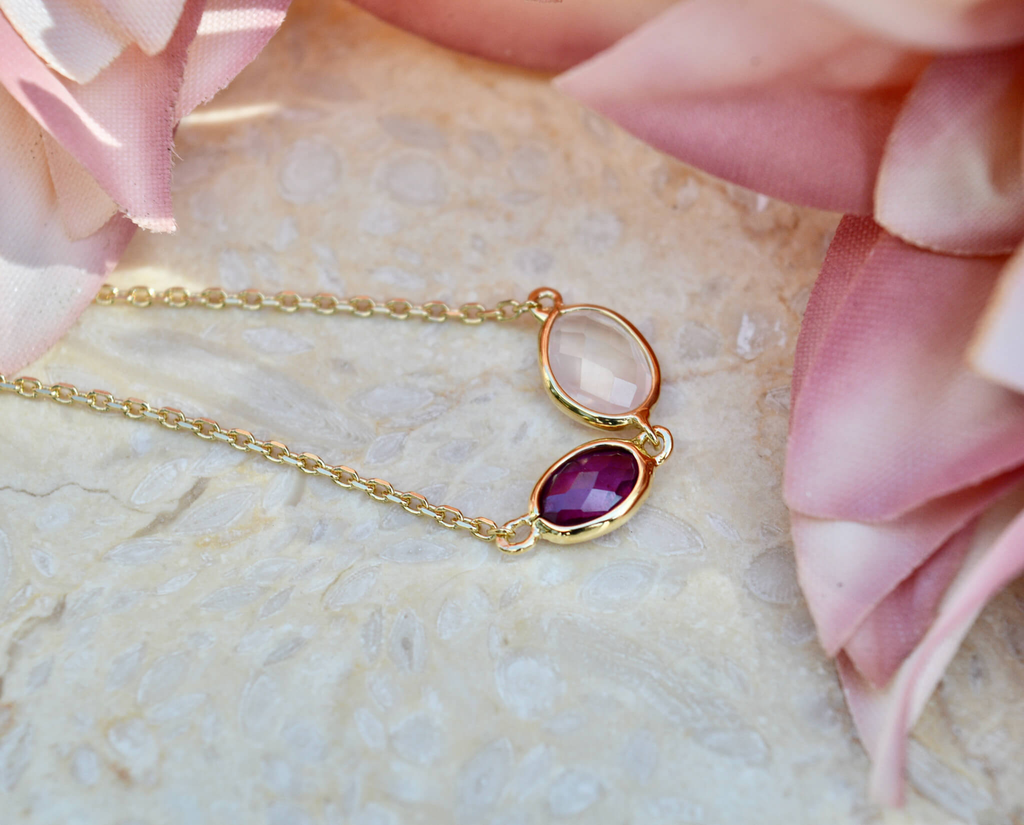 pink garnet and rose quartz minimalist gold bracelet