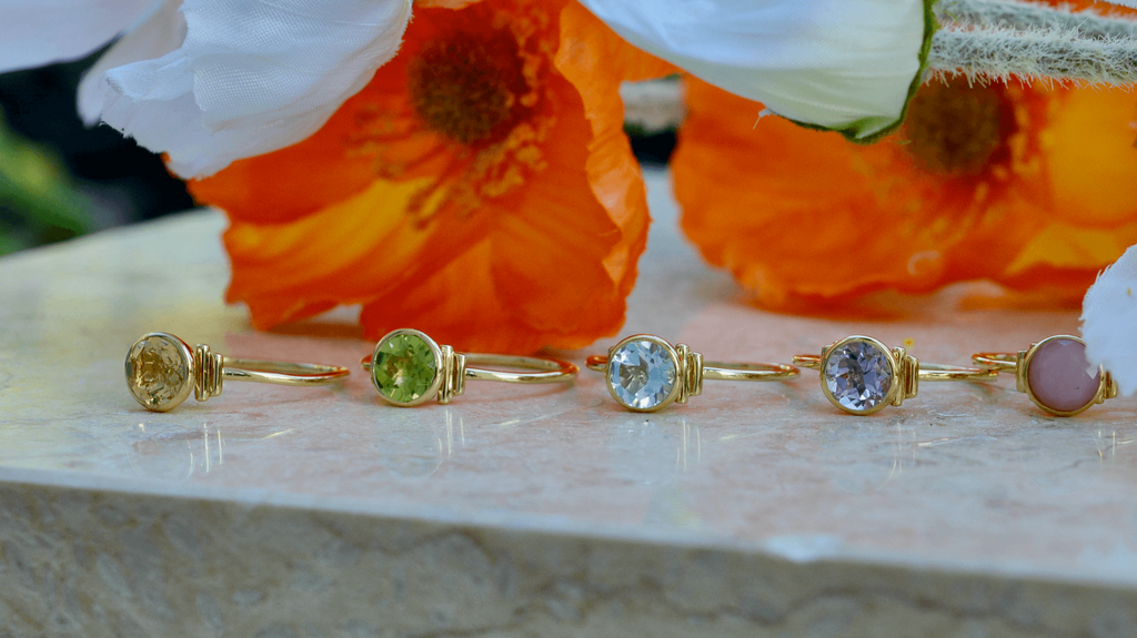 gold minimalist natural gemstone single stone bezel set rings