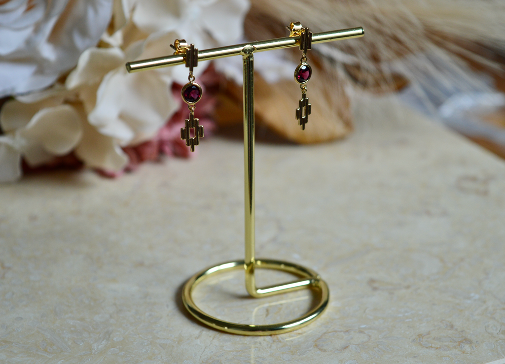 gold garnet minimalist drop earrings