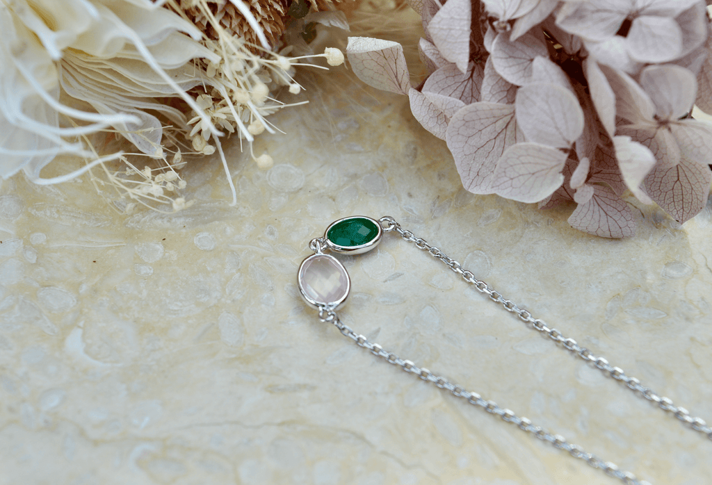 green aventurine and rose quartz gemstone bracelet set in rhodium plated sterling silver