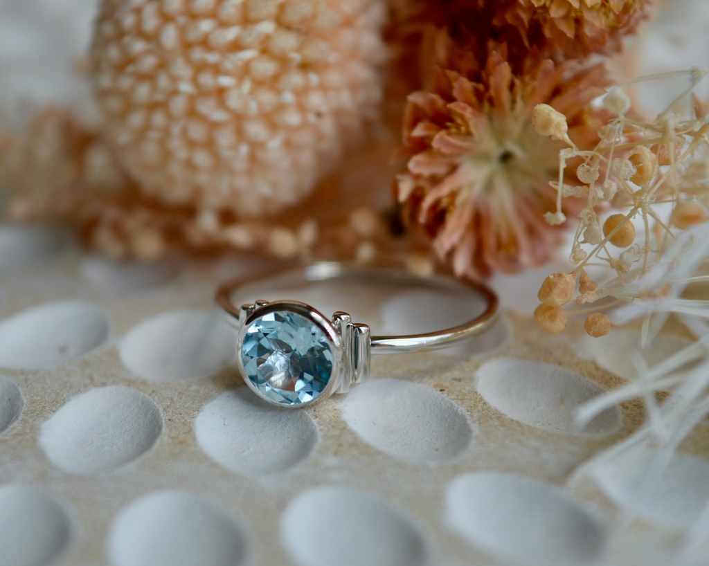 minimalist silver blue topaz natural crystal ring