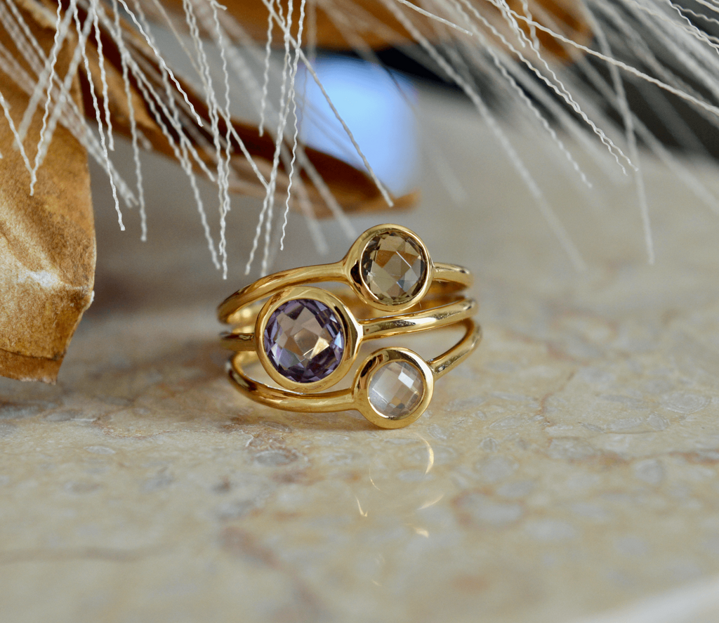 gold amethyst, rose quartz and champagne quartz triple bezel set ring