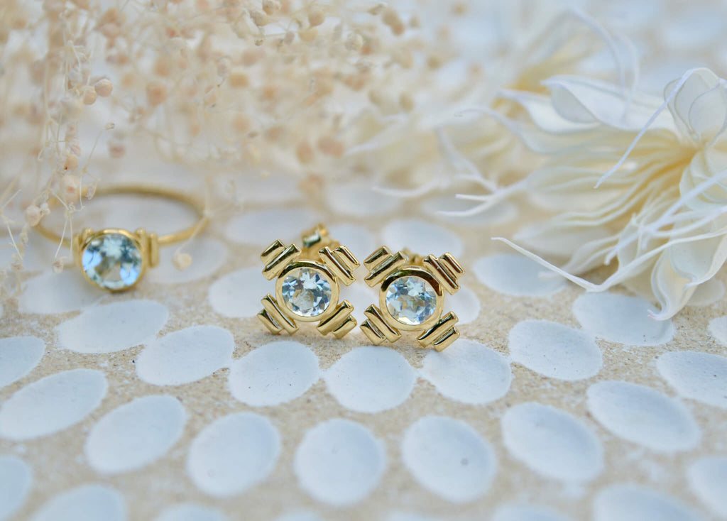 14K gold vermeil natural blue topaz bezel set earrings with double bar detail