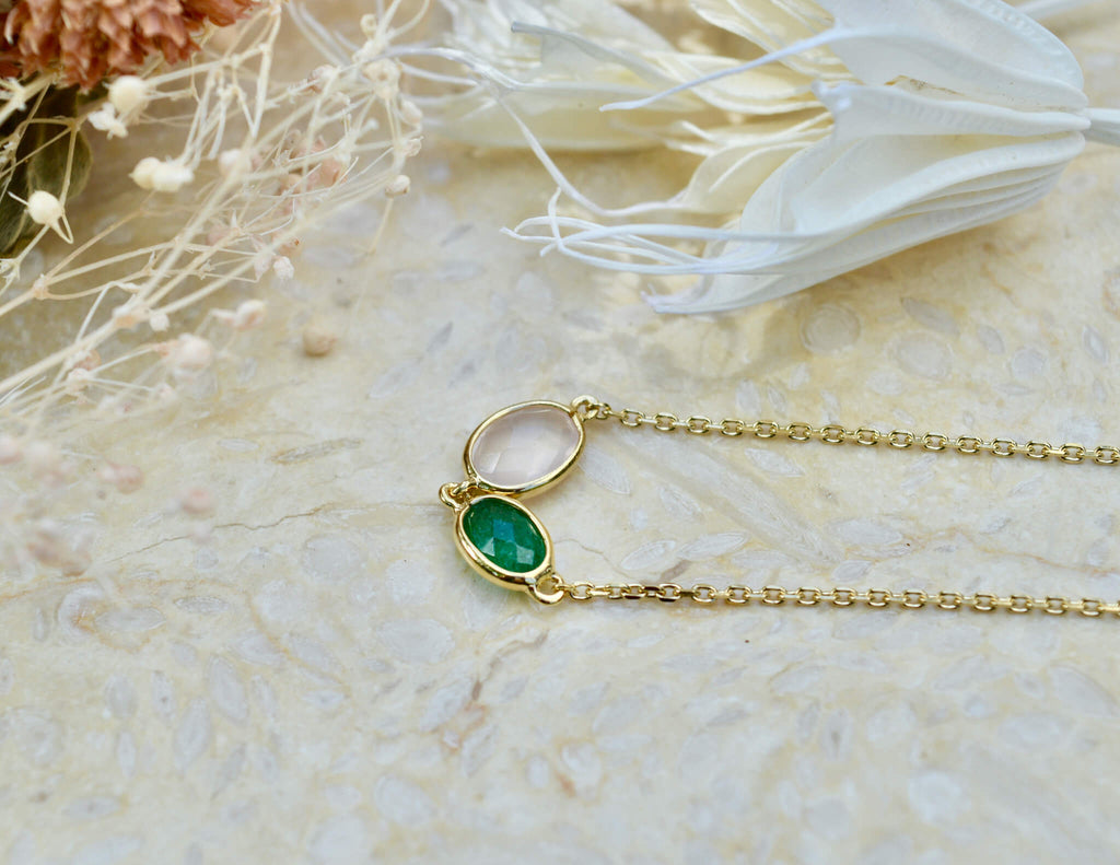 green aventurine and rose quartz crystal bracelet in gold