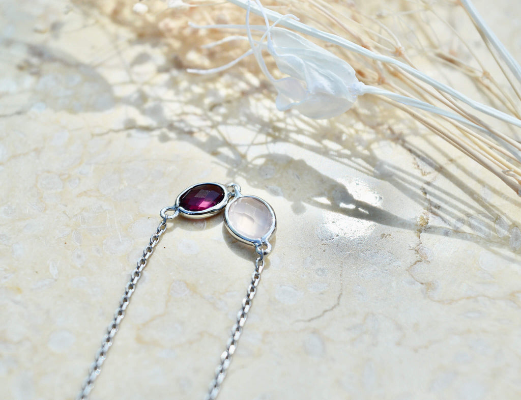 natural pink garnet and rose quartz minimalist rhodium plated silver bracelet