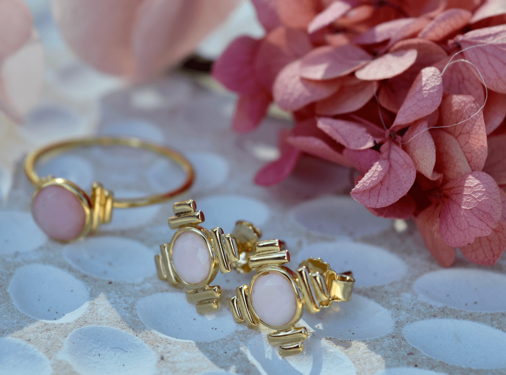 natural pink opal gold stud earrings