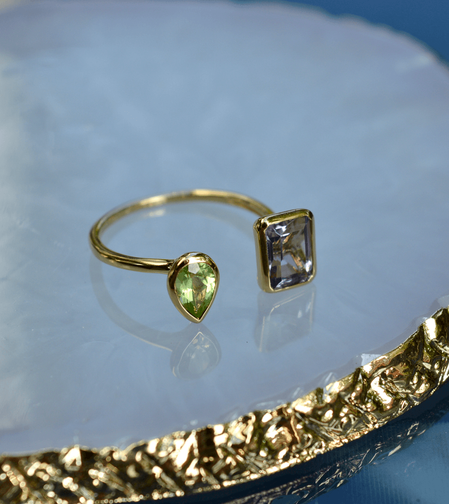 Teardrop peridot and emerald cut amethyst natural gemstone gold vermeil ring