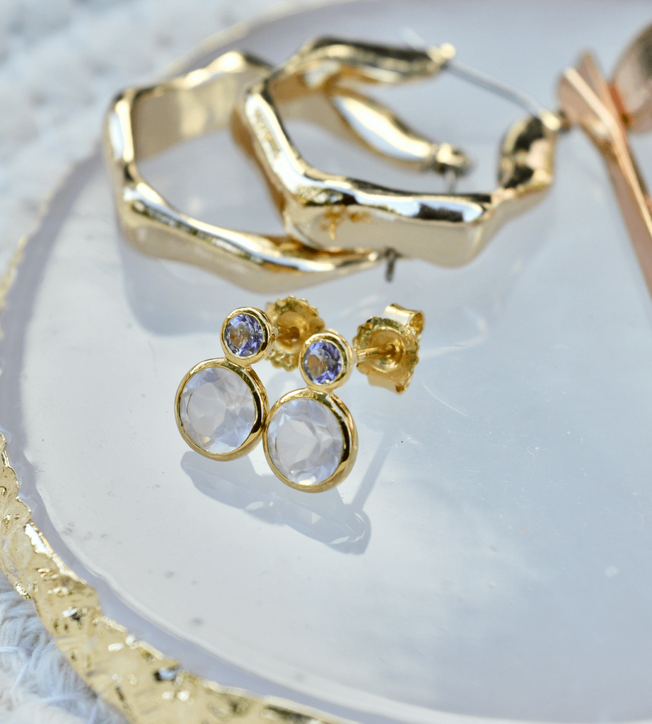 Amethyst and rose quartz modern crystal and gemstone earrings
