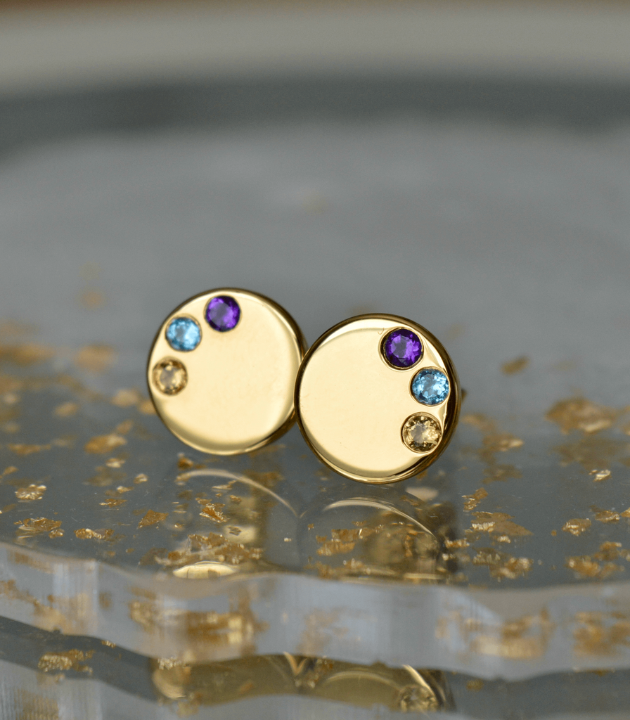 14K gold vermeil round disc earrings with three symbolic natural gemstones amethyst, blue topaz and citrine