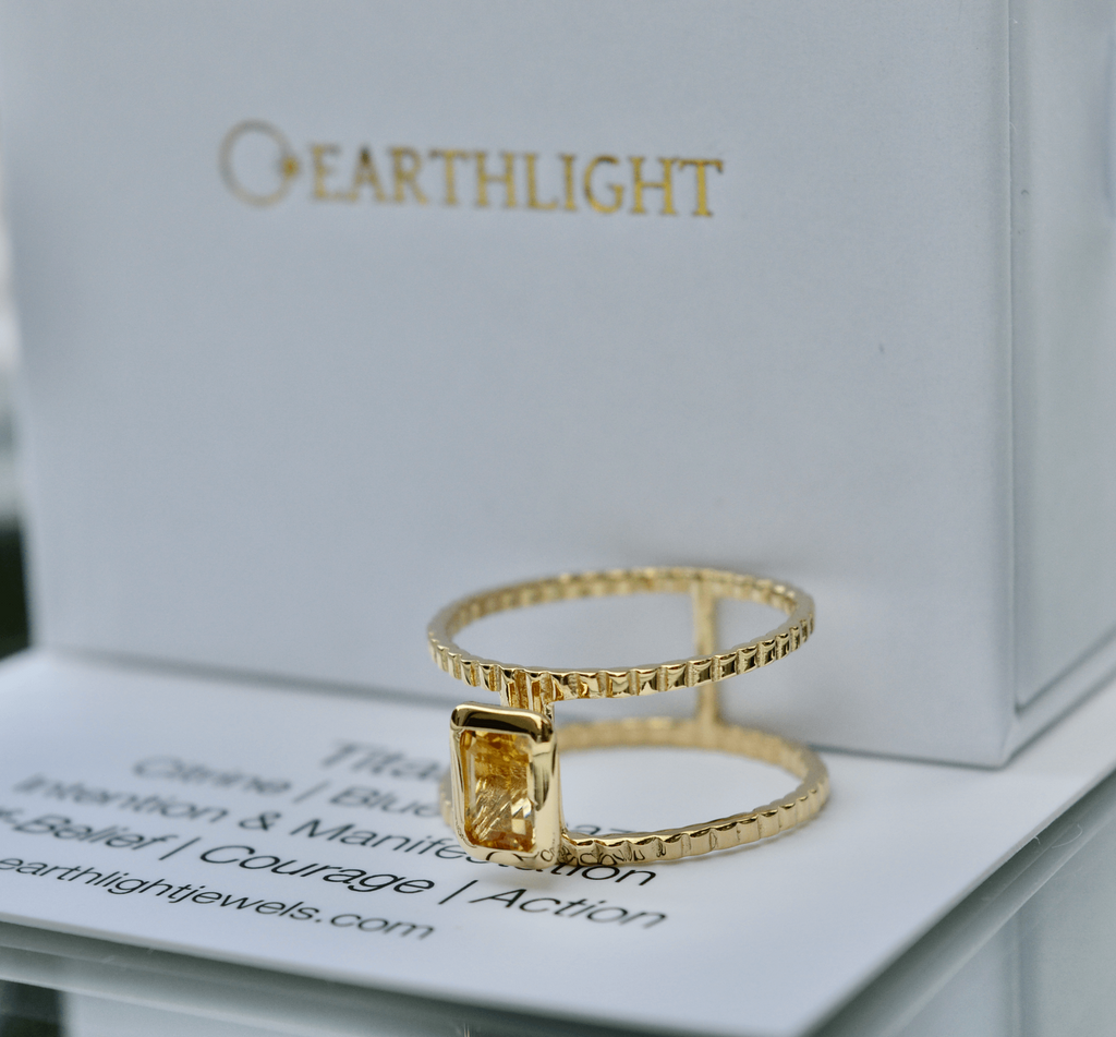 Earthlight Titania Citrine Gold Vermeil Self Belief Ring with double wide band and emerald cut citrine