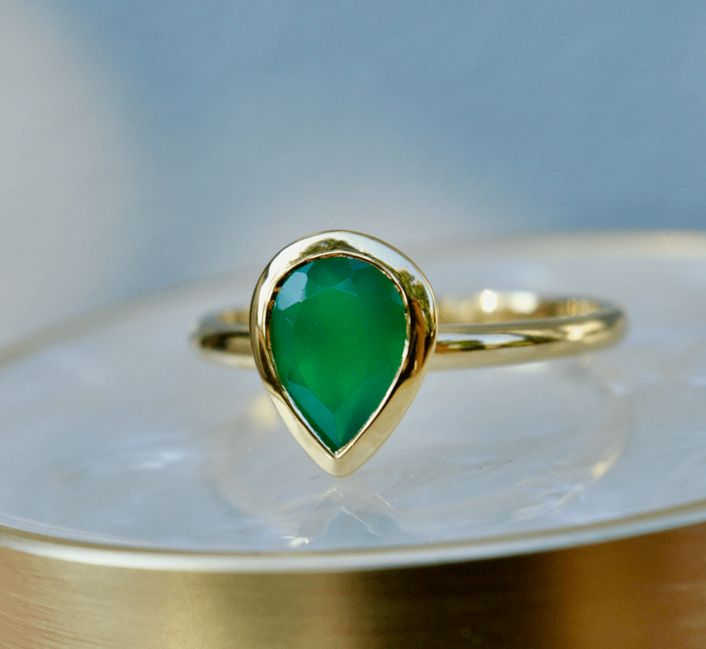 14K gold vermeil pear shaped green onyx ring