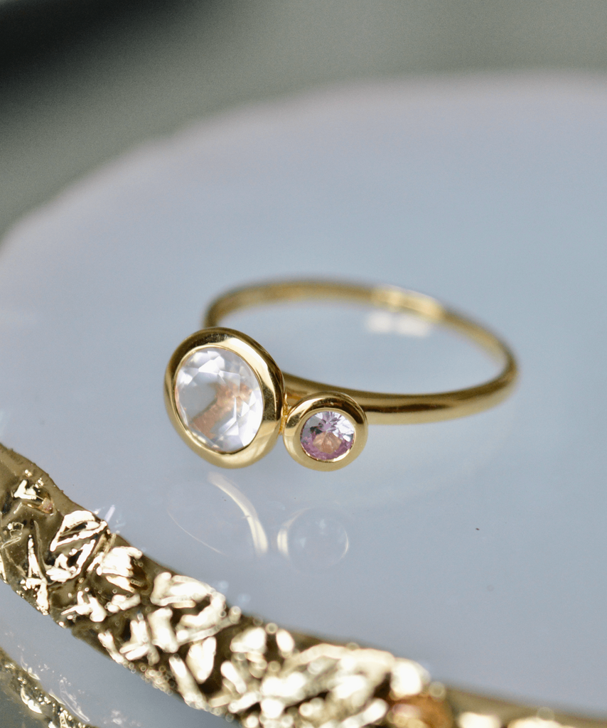 Pink Sapphire and Rose Quartz natural gemstone pregnancy loss memorial gold vermeil ring