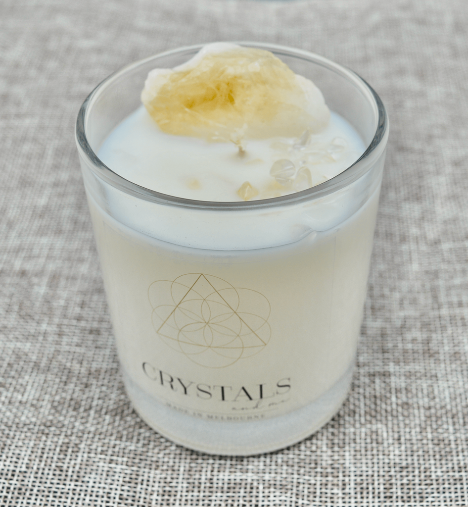 Citrine and clear quartz crystal candle