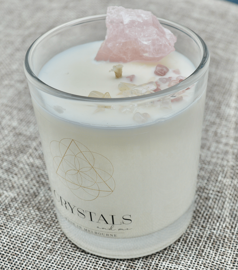 Rose quartz, strawberry quartz and clear quartz soy crystal candle